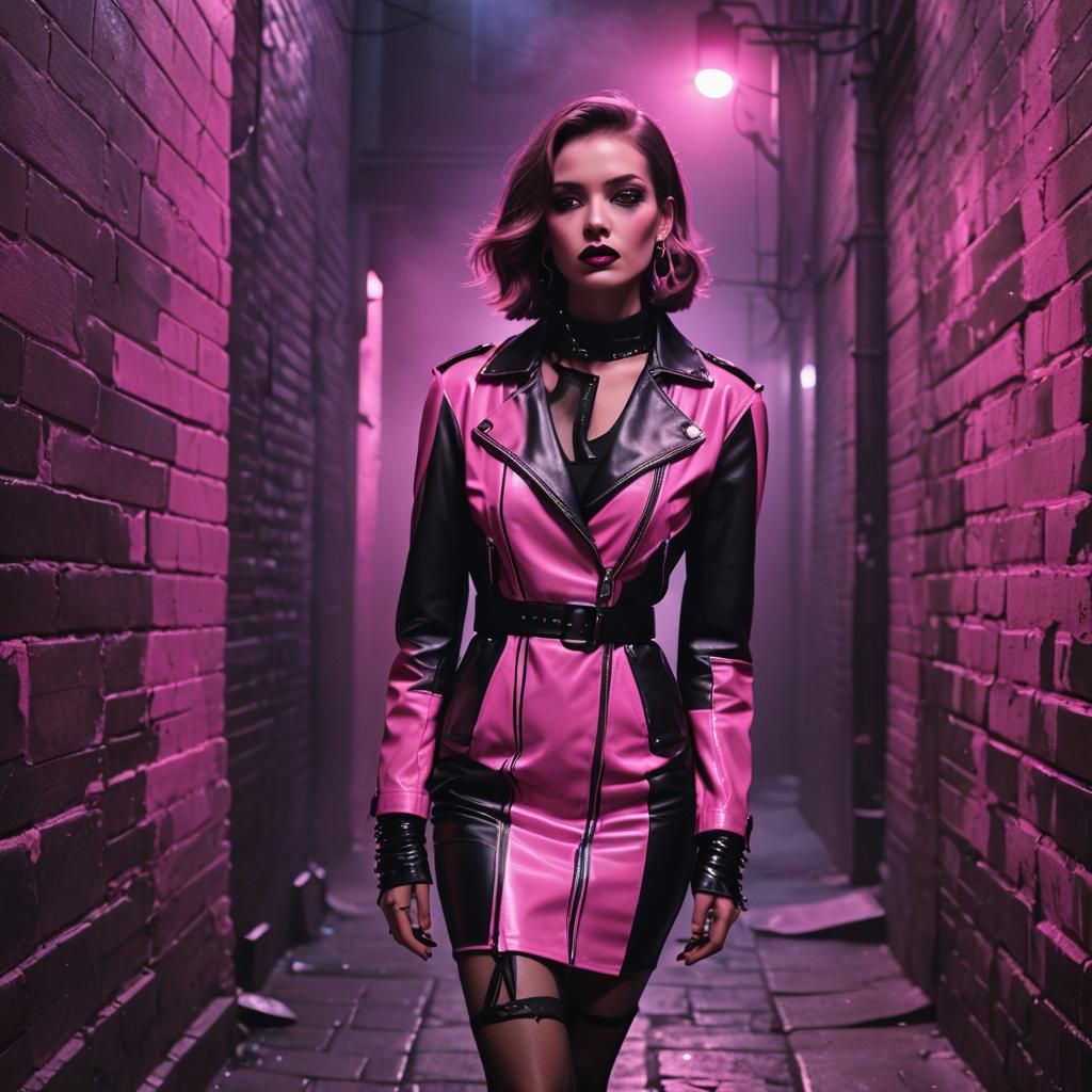 lady with a leather pink dress 80s punk