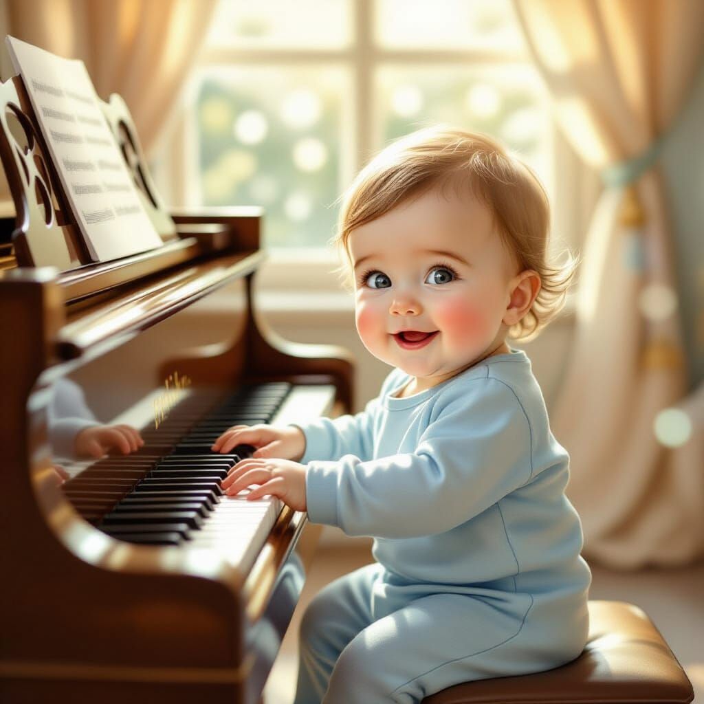 Baby Joyfully Plays Grand Piano in Sunlit Room