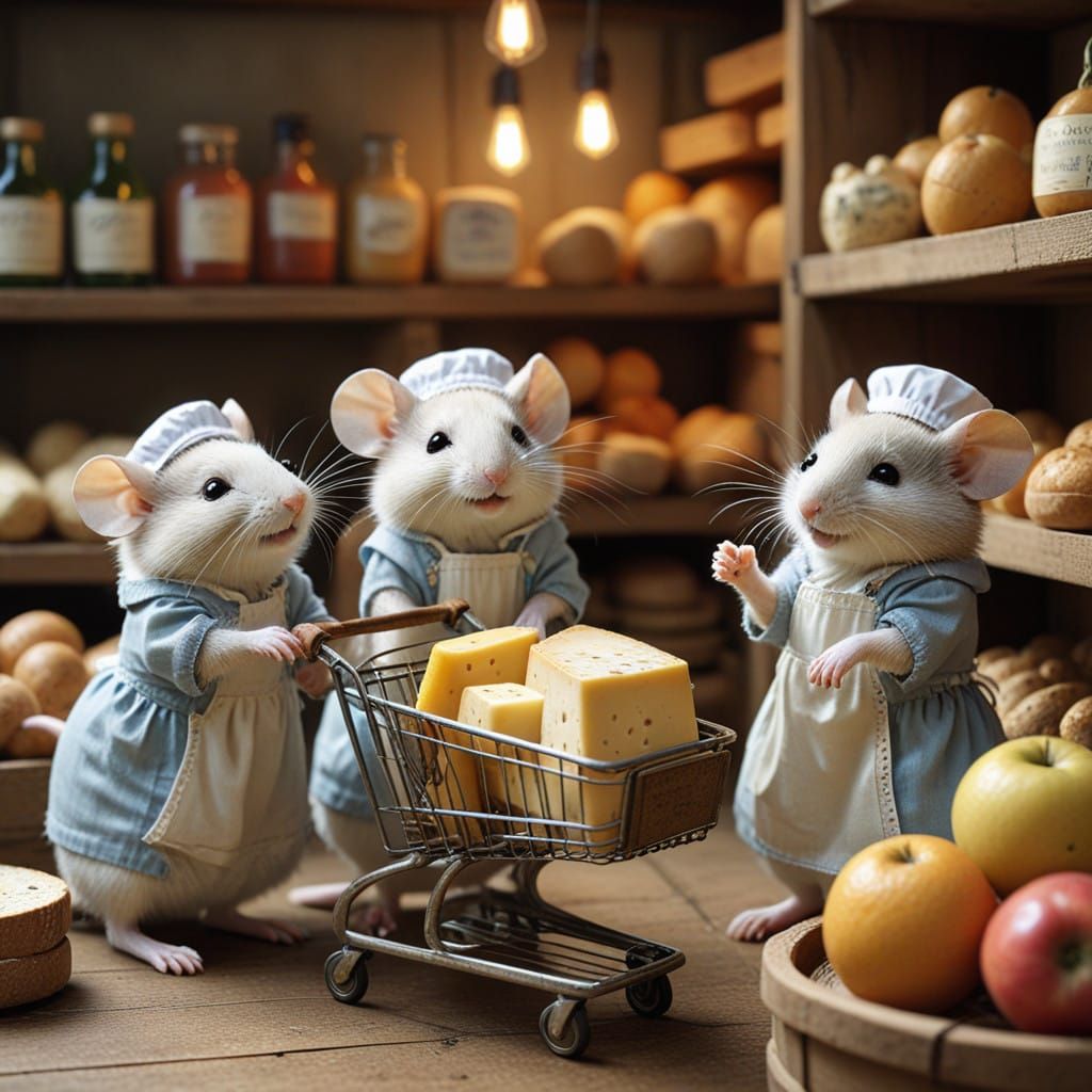 Cute fluffy little mice family at a supermarket with a shopping cart buying cheese,  by @Lady on Fire