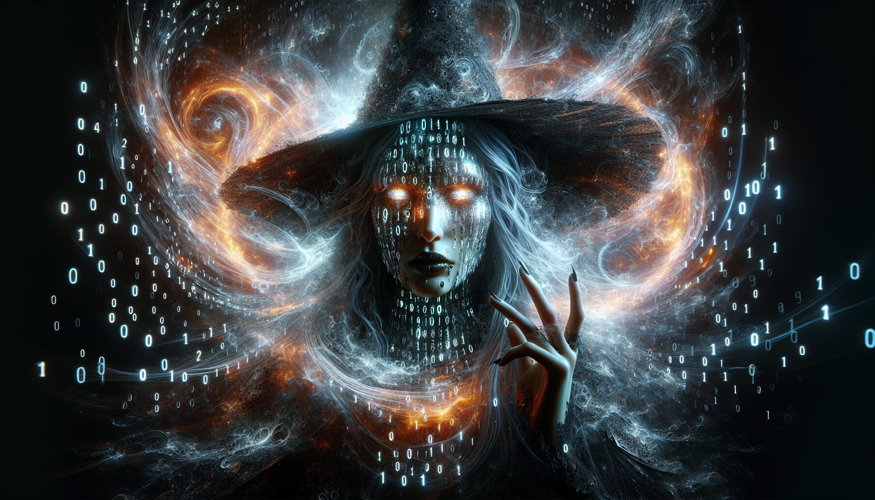 A haunting portrait of a witch whose face is partially obscured by a swirling vortex of luminous 0s and 1s, the digital storm wrapping aroun...