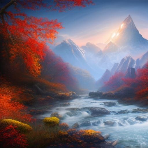 Fantastically beautiful autumn mountain landscape with a riv...