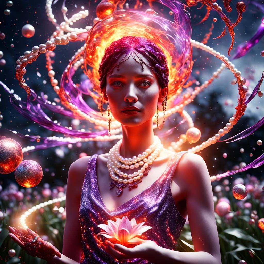 Woman in pearls A galactic vortex with thousands of red, sil...