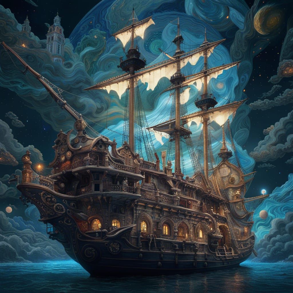 Alien Pirate Ship Flying in Cosmic Galaxy