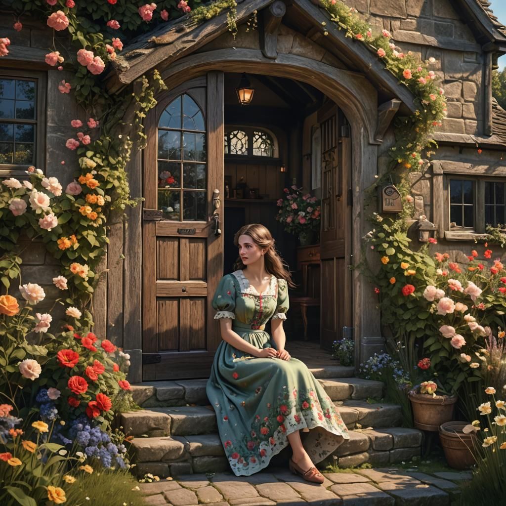 Girl sitting on front door ,vintage English cottage,beautifu...