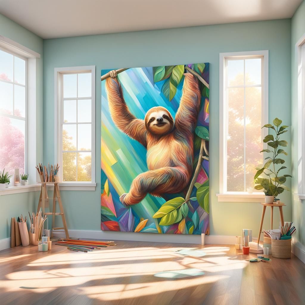 A sloth emerging from a life-size art canvas in three dimens...