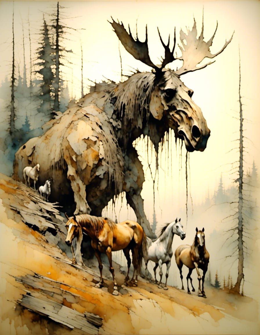 Horses in Rundown Office: Rural Impressionism, Earthy Tones