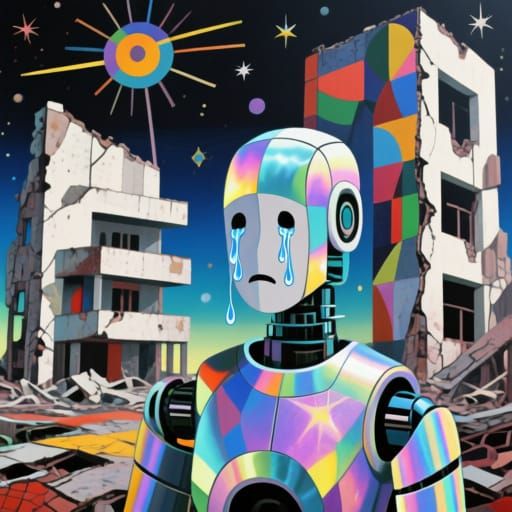 Astral expressionist shimmers, Weeping android, dystopian ruins, Bauhaus, Paul Klee