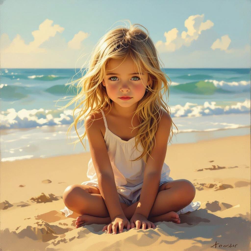 Girl on Beach at Golden Hour Impressionistic Oil Painting