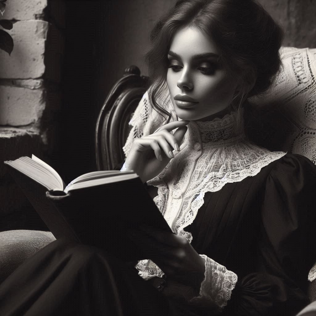 an attractive Dickensian era woman sitting in an armchair reading