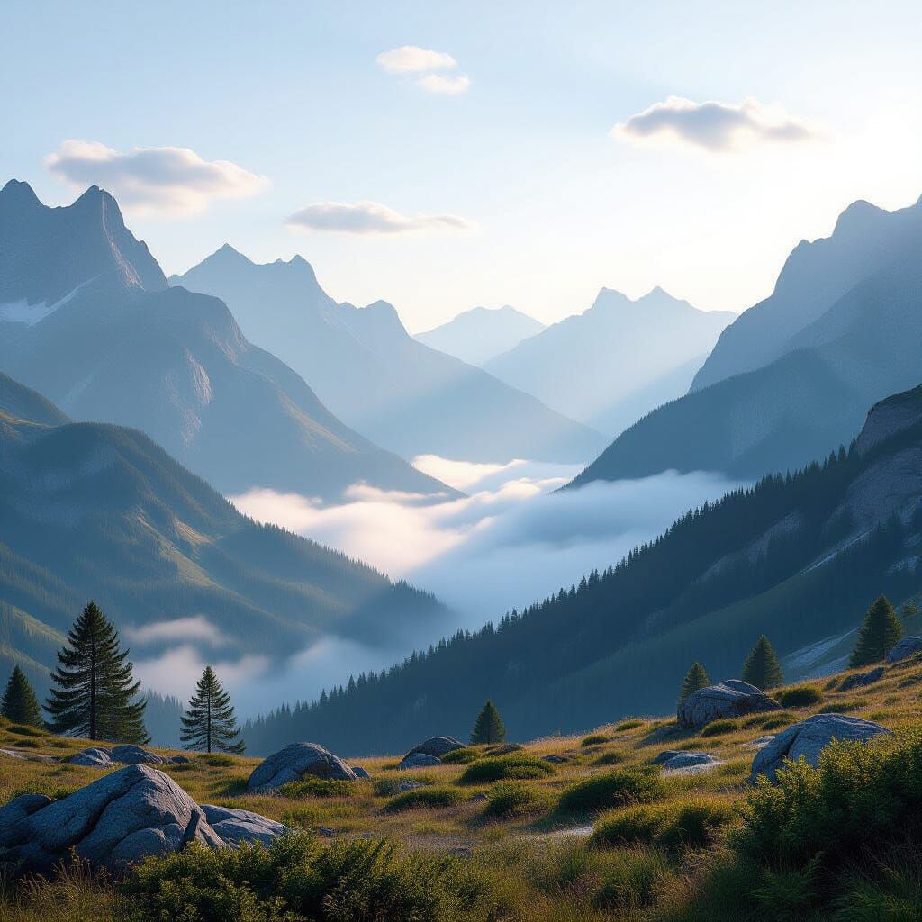 Vast Mountain Landscape with Soft Morning Light