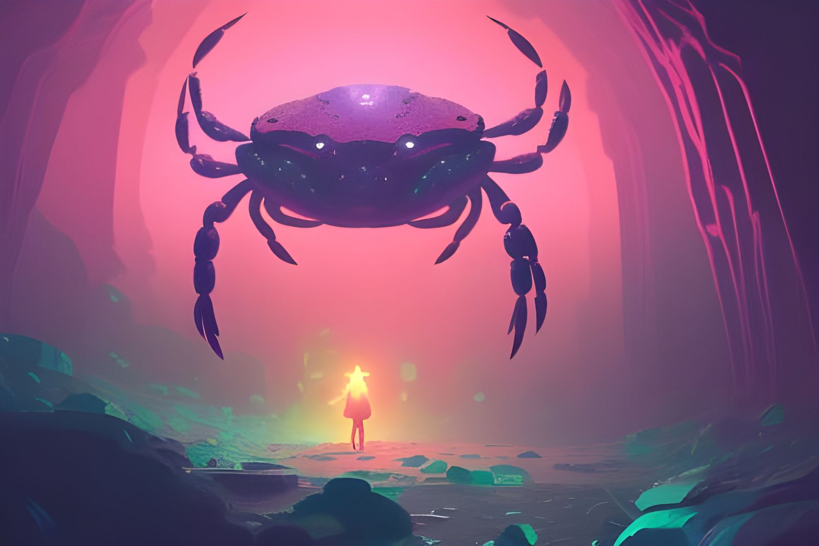 A giant pink bioluminescent crab in a cave of glowing crysta...