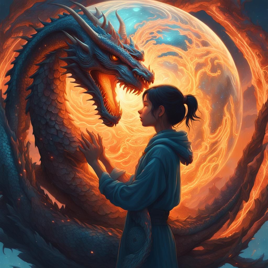 Love of dragon and girl in orb