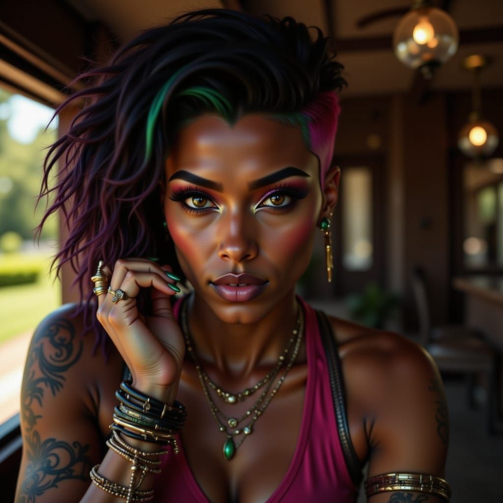 Sci-fi glam. hair half pink half green dramatic asymmetrical style  lots of earrings eyebrow ring, bright green lipstick thick eyeliner, lot...