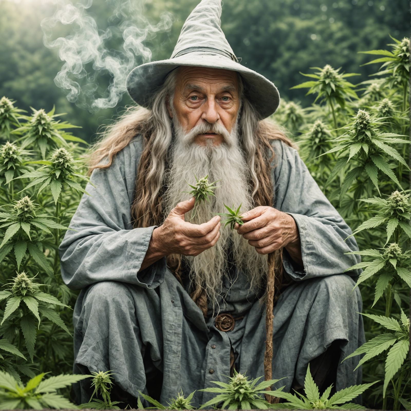 Old wizard in a cannabis field