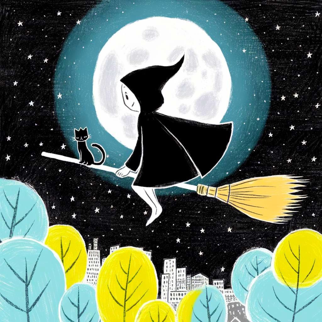 Whimsical Moonlit Adventure in Crayon-Style Illustration