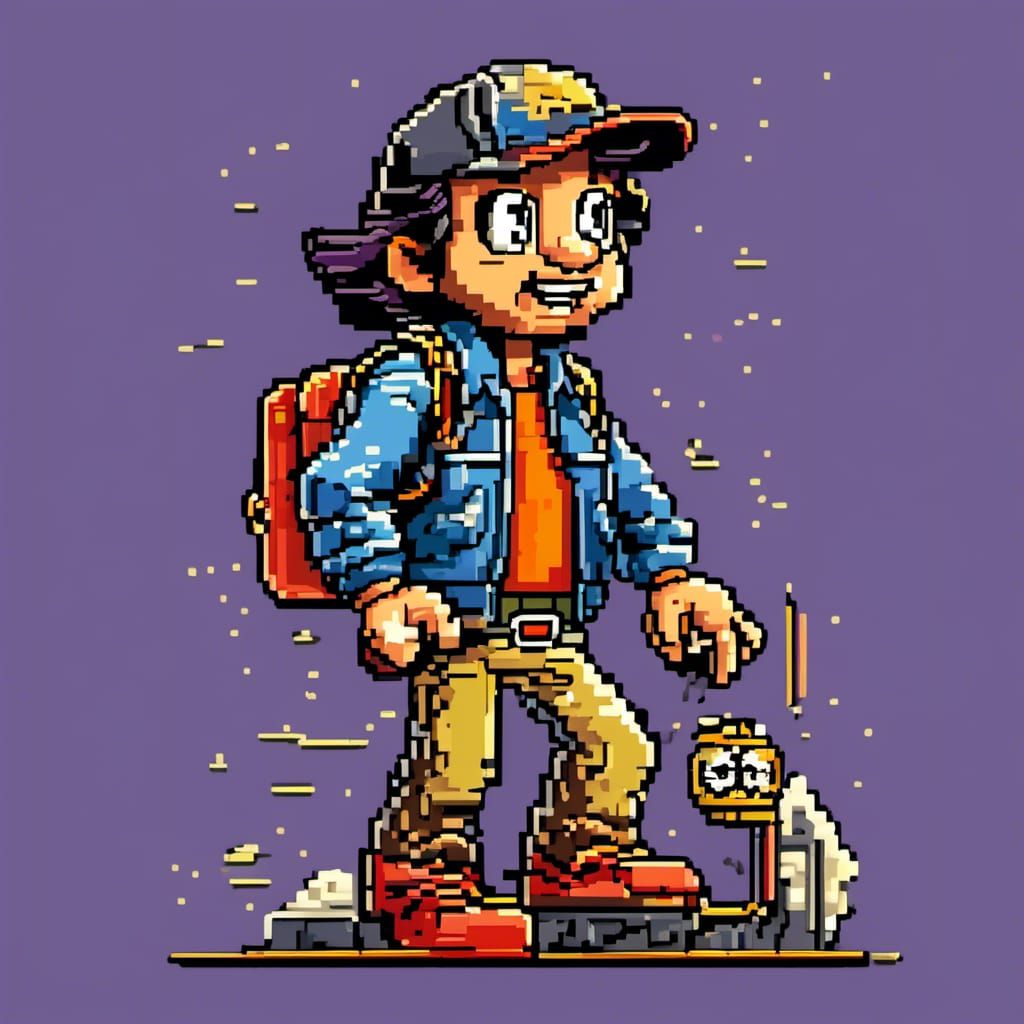 <lora:Logo-Bee:1.0>Jet_Set_Willy character, 1980s 8-bit platform game, limited colour palette, retro, logo design, plain background