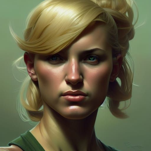 "SONYA" blonde female soldier in a green tank top head and s...