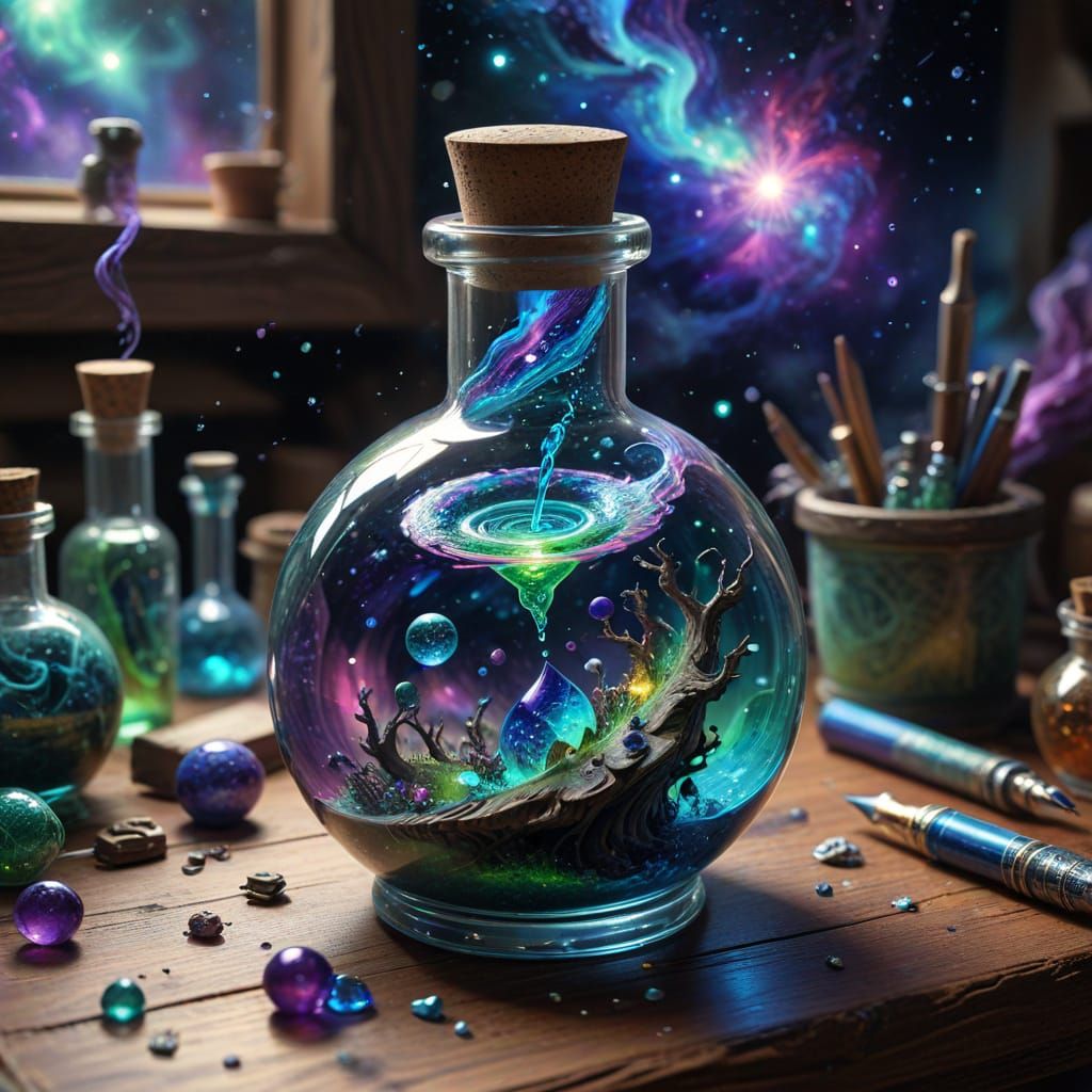 Magical Potion Vial Floats Over Cosmic Workbench