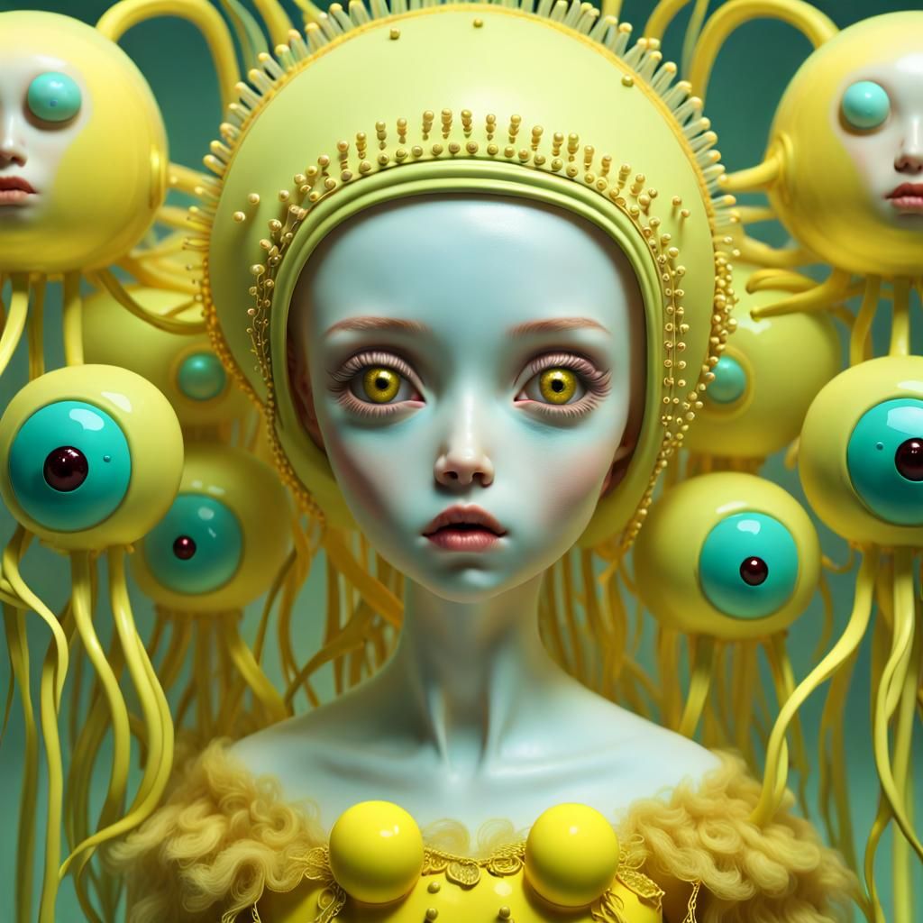 Close up of a doll with yellow eyes, a surrealist painting, ...