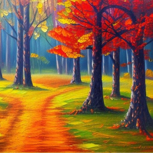 Autumn landscapes are colorful and beautiful oil painting