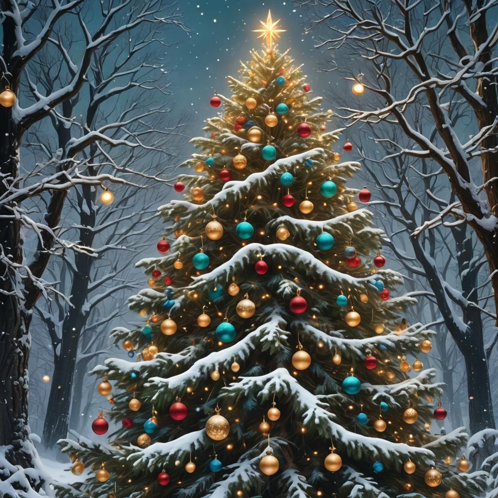 65 foot Christmas tree with lights and ornaments in middle of forest in snow