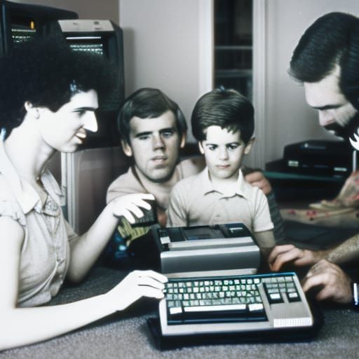 1980's family gathering around an Apple IIe computer