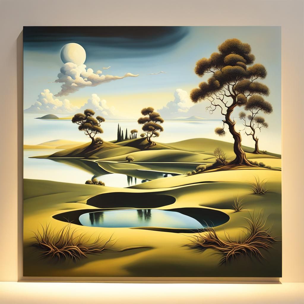 "Minimalist landscape, serene meadow, dusky lighting" surrea...