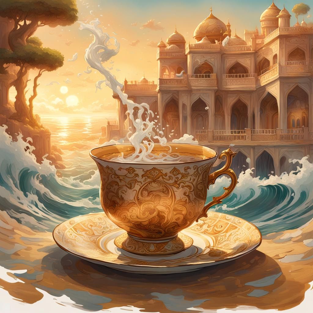 an Arabian jinn pours tea into a giant teacup in which there...