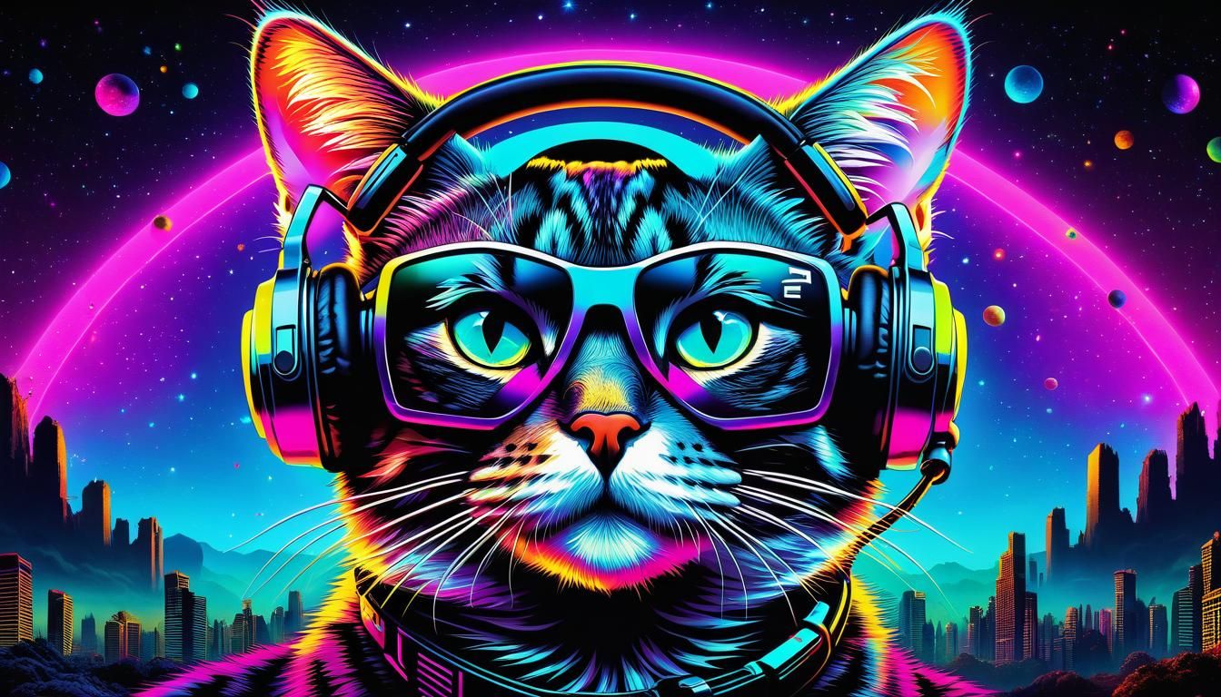 EDM Rave Cat 🐈 says "EAT SLEEP RAVE REPEAT" ., Epic, colorf...