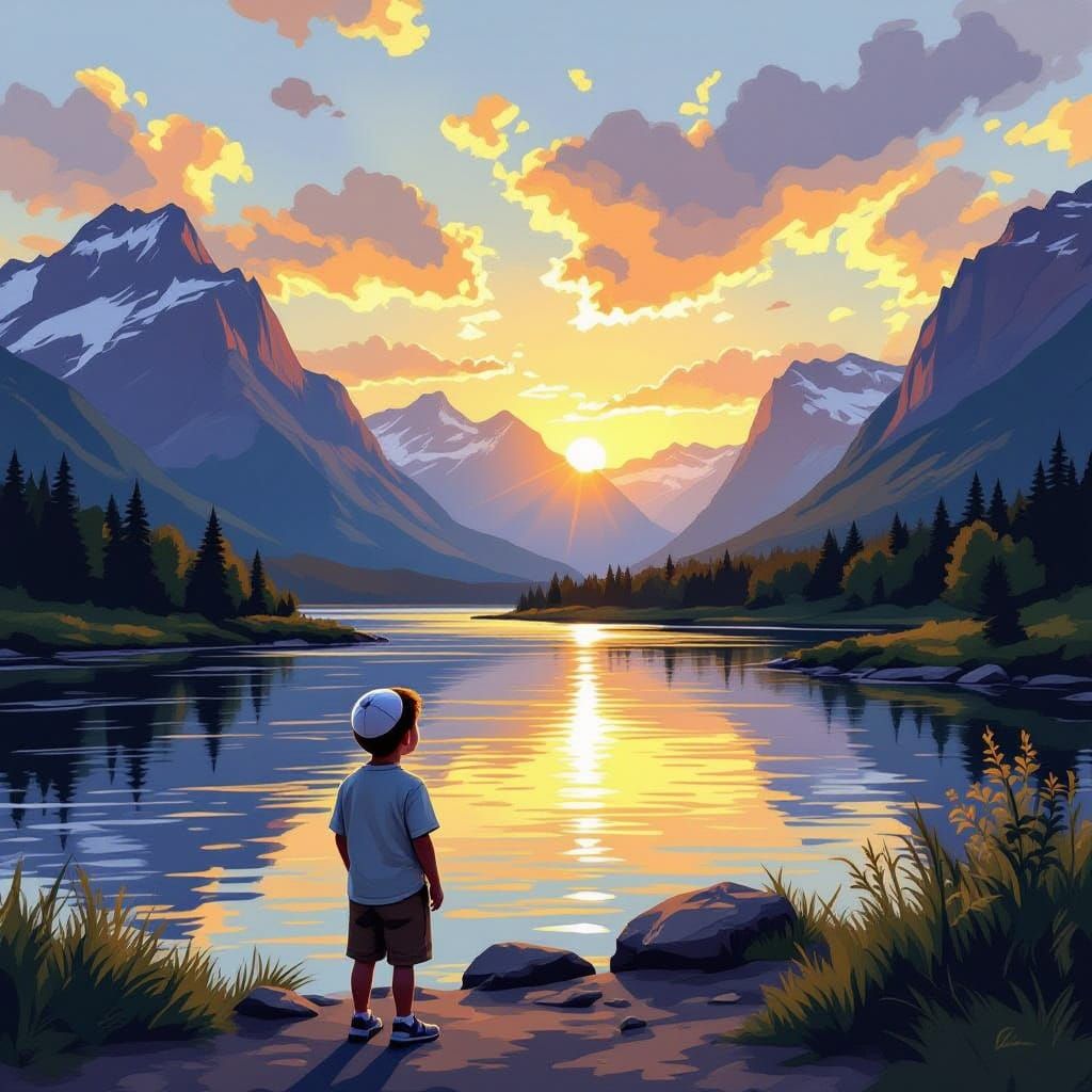 Boy by River in Golden Hour Light