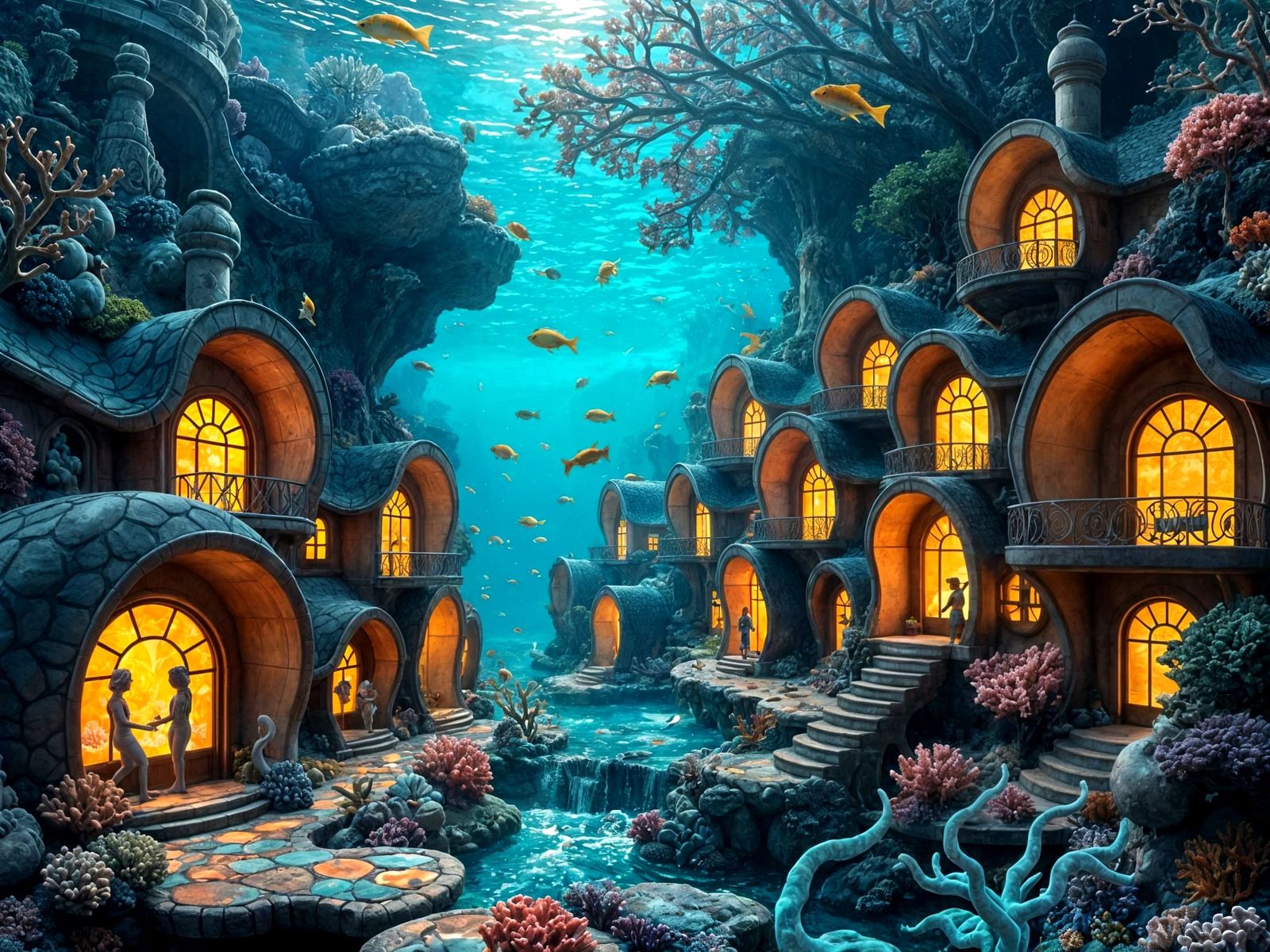 A photograph of a vibrant underwater neighborhood seamlessly integrated within a sprawling coral reef ...  by @Quebra