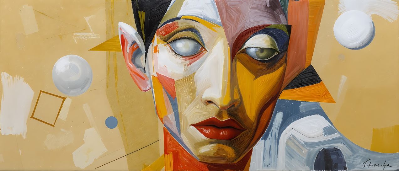 A human face, partially obscured by layered, expressive brus...