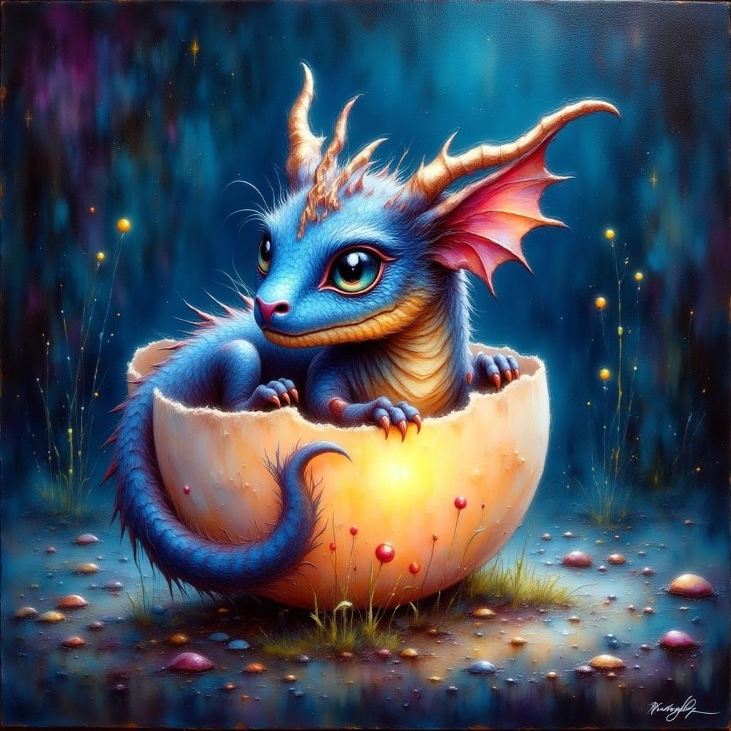 <lora:Oil and Glory Flux:1.0>  textured Impasto oil painting. Tiny dragon  half hatched out of a glowing bioluminescent shell. Head poking o...