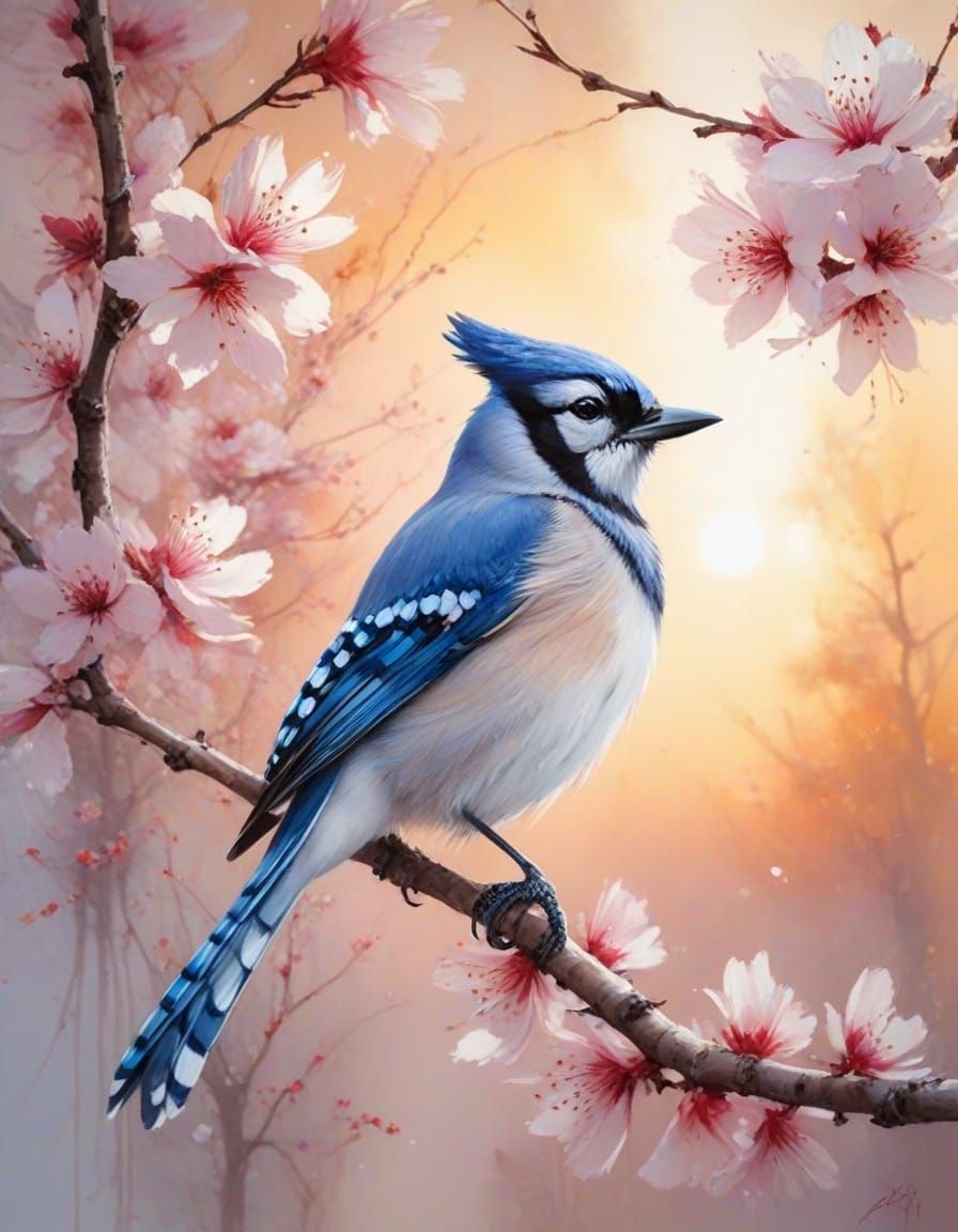 Bluejay on cherry blossom branch at sunset   by @Kosh