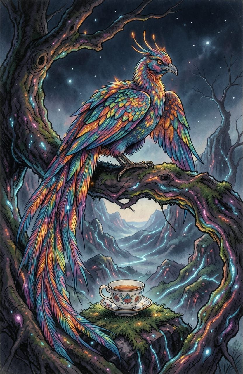 Majestic Phoenix with Teacup in Bioluminescent Forest