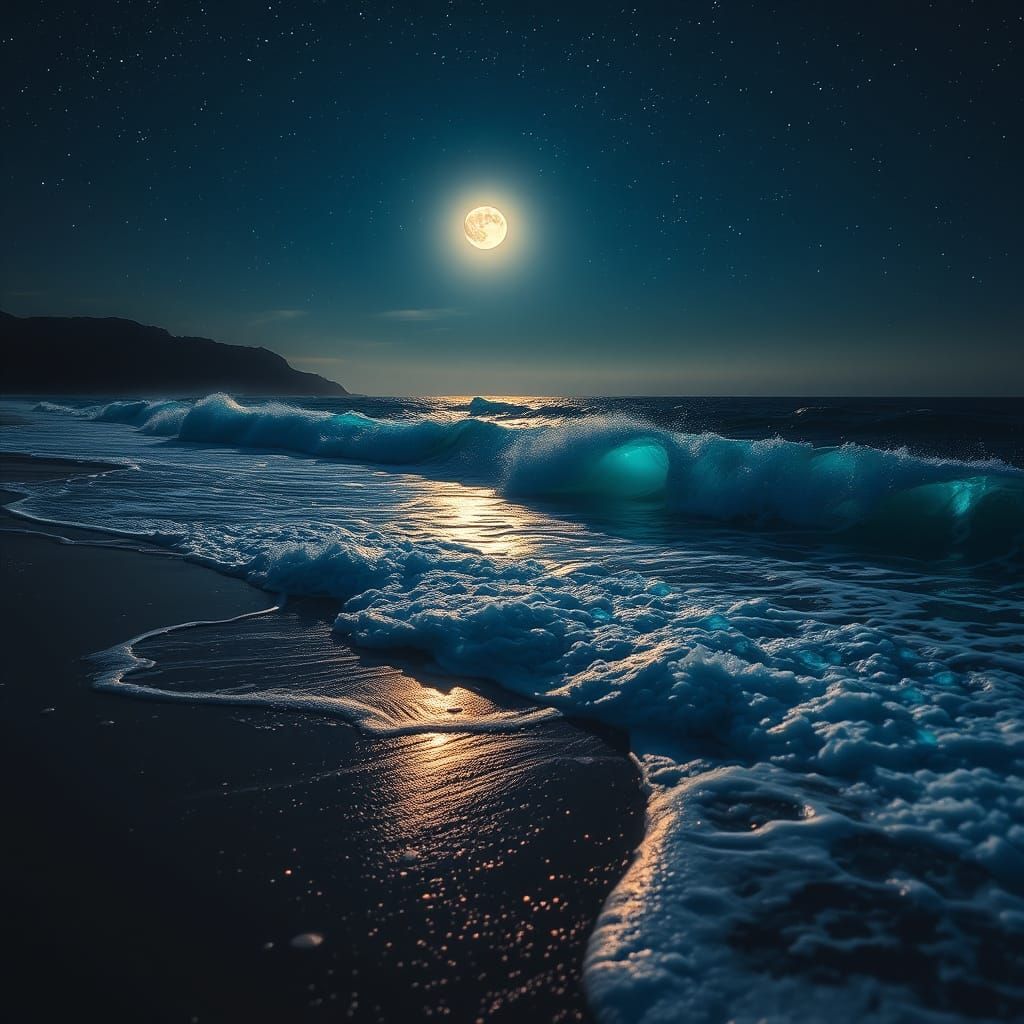 bioluminescent waves crash onto the beach under a moonlit starry sky  by @Pippy
