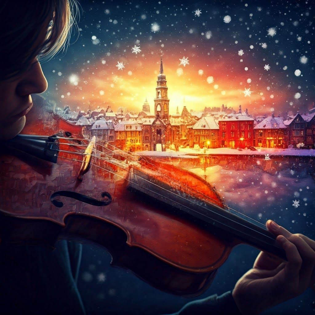 close up macro shot inside silhouette violin winter town  by @Schoor
