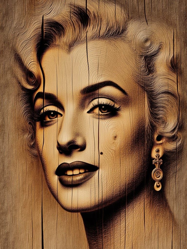 <lora:Ingrained wood:1.0> portrait of Marilyn Monroe ingrained into the wood