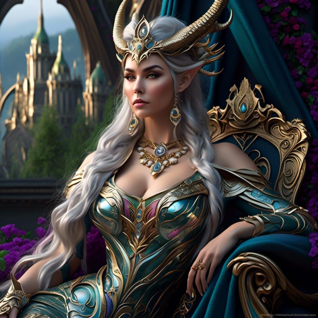 <lora:Romantic dragon:1.0>  Irresistible Voluptuous elven Beauty by Viktor Miller Incredibly detailed maximalist matte painting Portrait of...