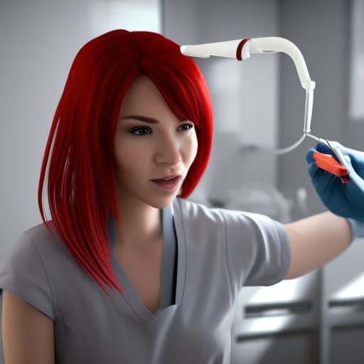 Female dentist with Red hair wearing gloves and a surgical m...