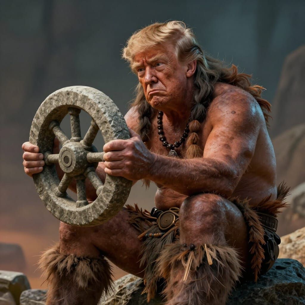 Trump as a caveman looking puzzled at a stone wheel. He is sitting on a rock.
