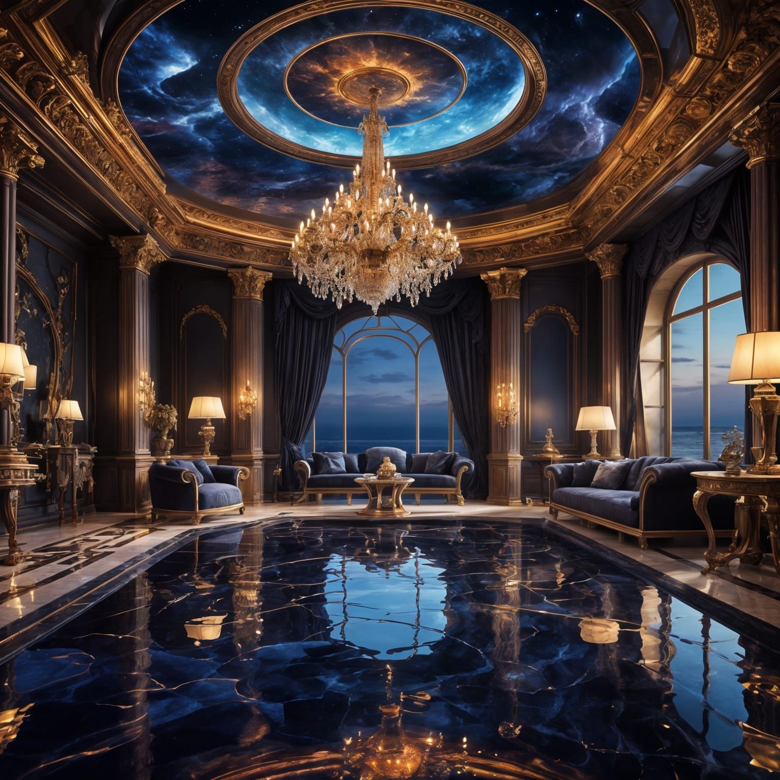 Luxurious Yacht Interior at Night in Hyperrealistic Style