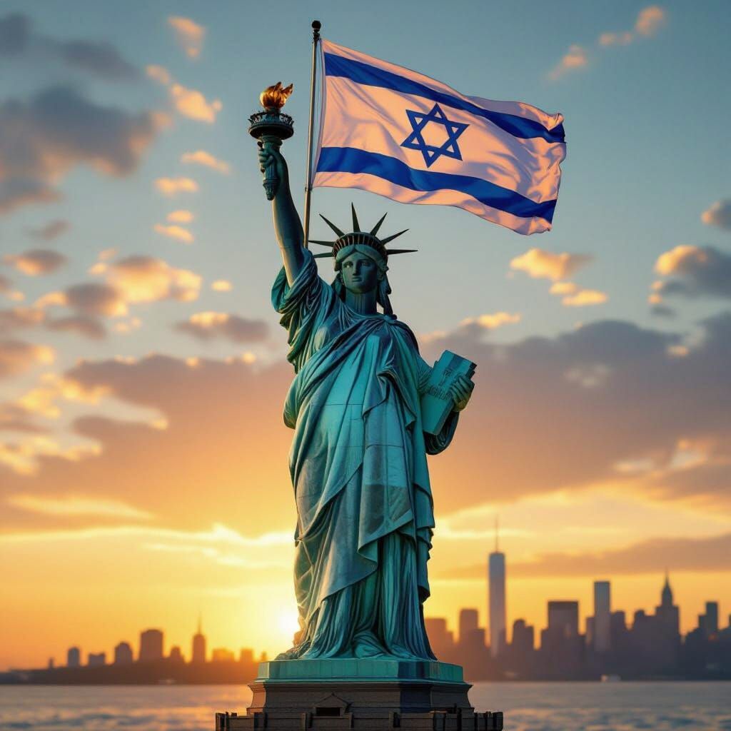 Trump on Statue of Liberty with Israeli Flag