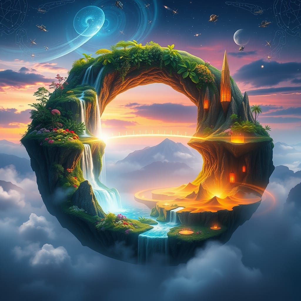 A surreal landscape shaped like the number eight, with two massive, interconnected floating islands forming ...  by @amrellin