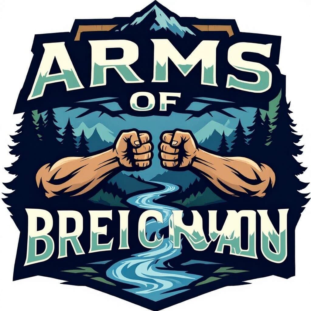 Make a logo for a t-shirt for an armwrestling team called "Arms of Afon" design should include a river, mountains and arms 