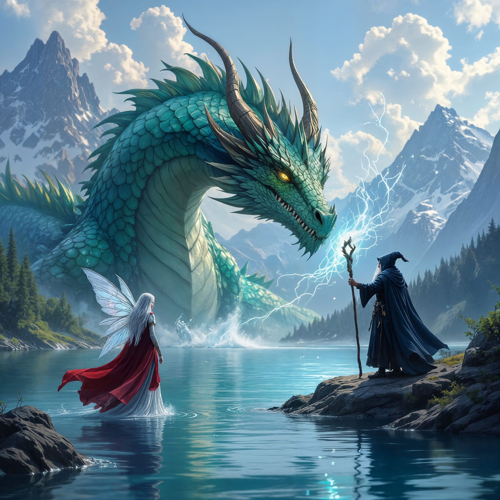 Dragon like we creature in mountain lake. Green and blue monster with head and partial body exposed out of water. Fairy with silver hair and...