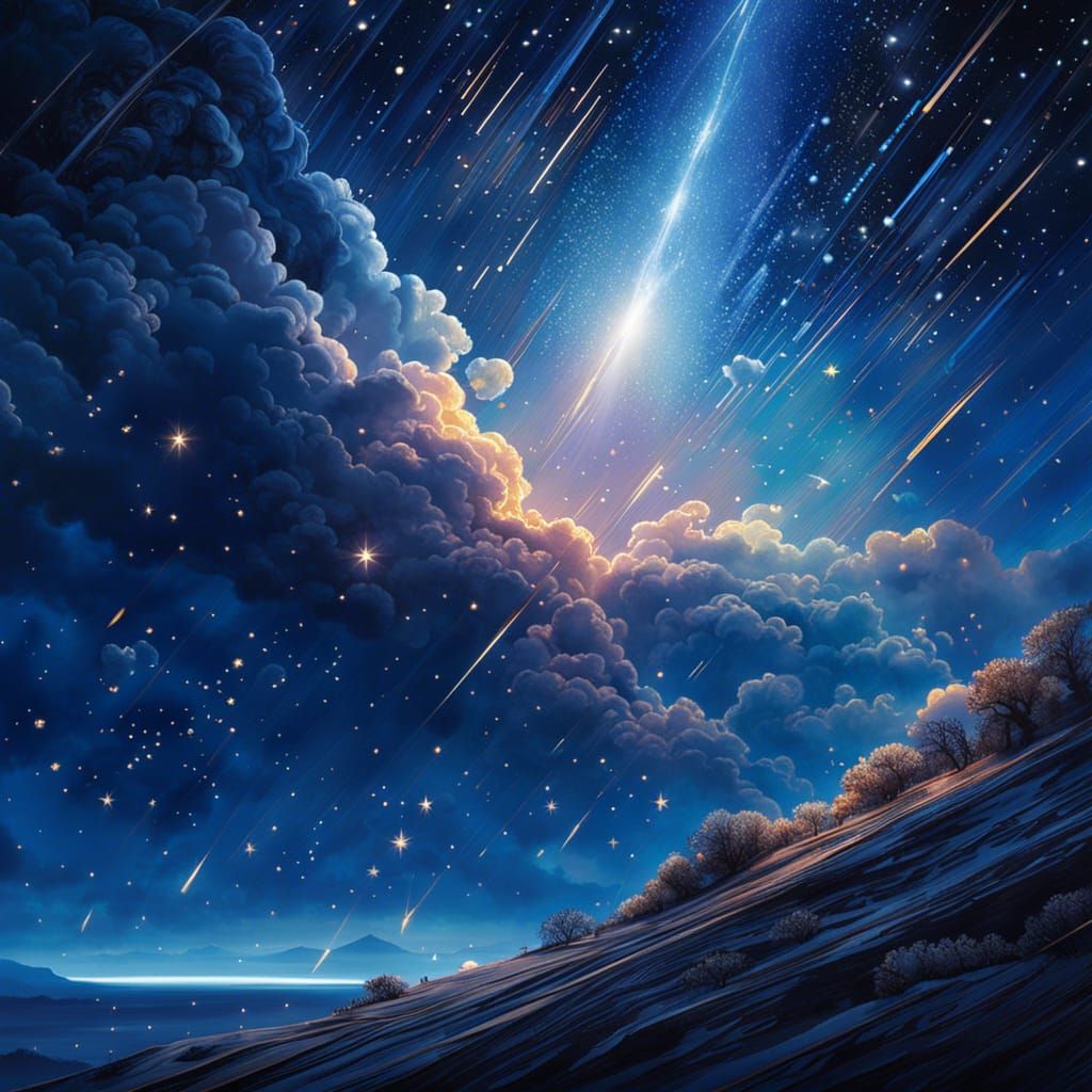 hyper detailed realistic Painting of a night sky with shooting