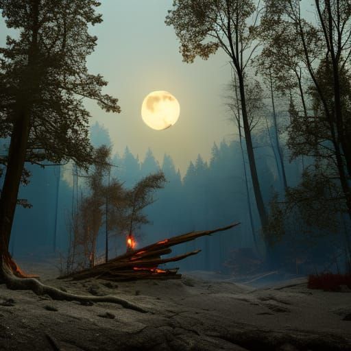 Witched scorched forrest in night full moon scary trees and ...