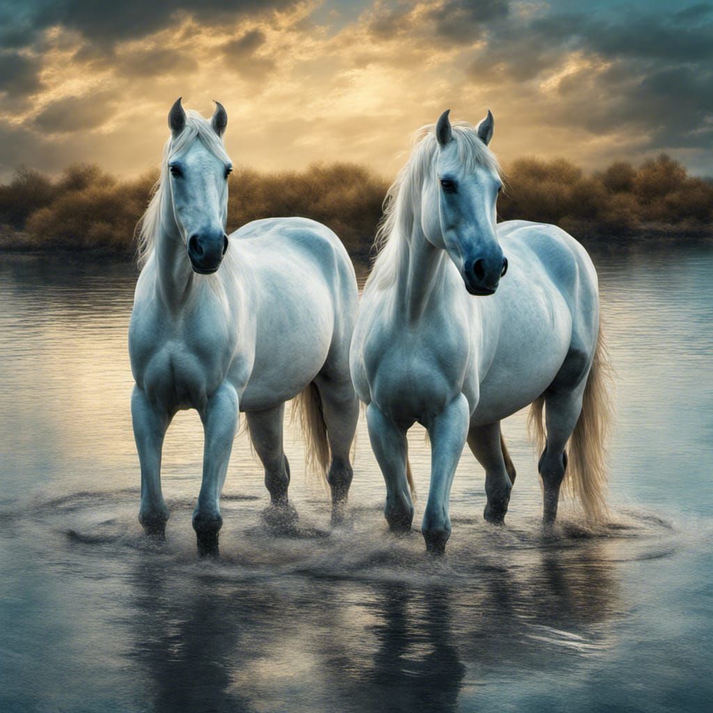 2 white horses in a lagoon with the sky like van gogh's starry night ...