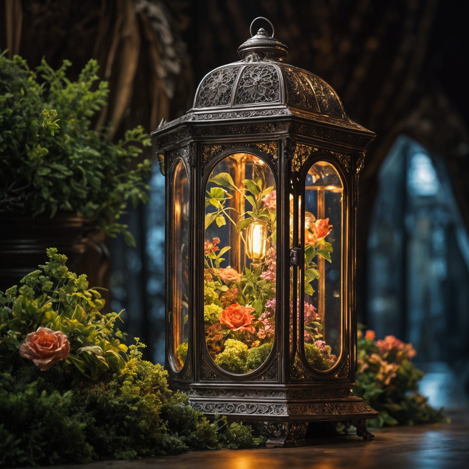 awesome display of a magnificently elegant Transparent antique lantern, side profile, adorned with: terrarium ...  by @morr5750